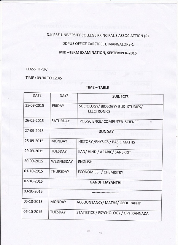revised mid term ii puc time table